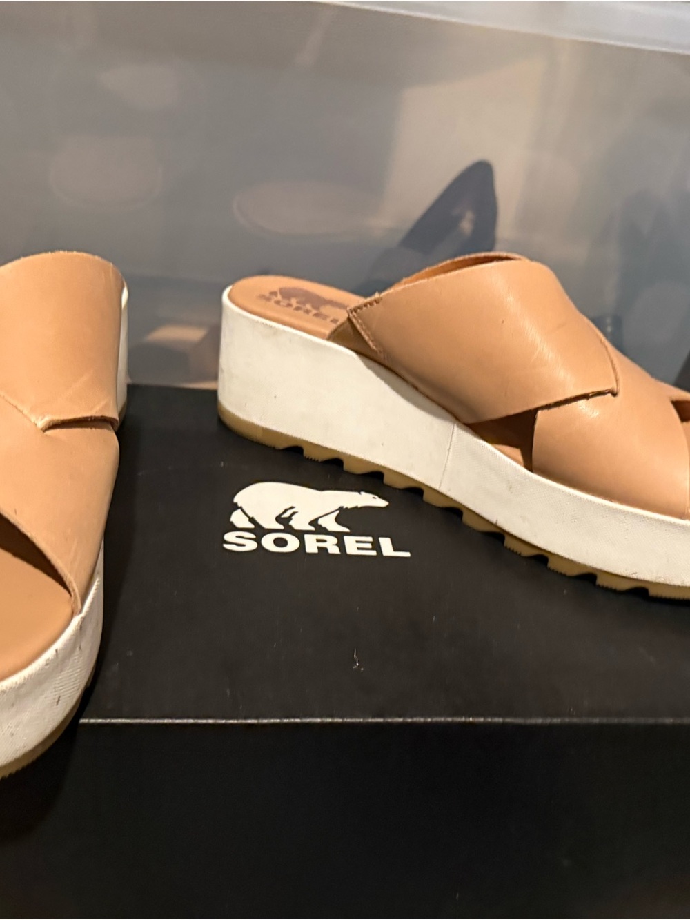 Sorel Tan Leather Crossover Platform Slide Sandals with White Sole